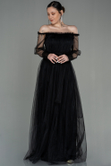 Siyah Kayık Yaka Uzun Kol Abiye Elbise ABU2980