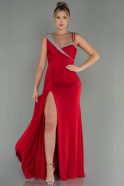 Kırmızı Bacak Dekolteli Taş Detay Uzun Abiye Elbise ABU3000