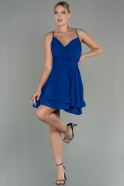 Saks Mavi Askılı Eteği Katlı Mini Mezuniyet Elbisesi ABK1695
