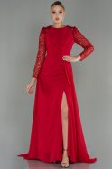 Kırmızı Pullu Uzun Kol Kuyruklu Şifon Abiye Elbise ABU2916