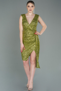 Fıstık Yeşili Kolsuz V Yaka Kısa Pullu Davet Elbisesi ABK1747