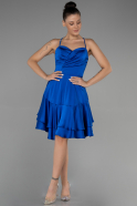 Saks Mavi Etekleri Katlı Askılı Kısa Saten Mezuniyet Elbisesi ABK1843