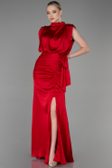 Kırmızı Dik Yaka Kolsuz Uzun Saten Abiye Elbise ABU2133