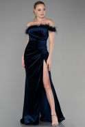 Abendkleid im Meerjungfrau-Stil Lang Samt Marineblau ABU3392