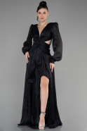 Siyah Uzun Kol Yırtmaçlı Şifon Mezuniyet Elbisesi ABU3397