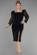 Siyah Pullu Uzun Kol Kare Yaka Midi Büyük Beden Elbise ABK1930