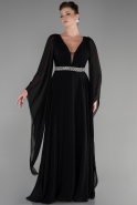 Siyah Uzun Şal Kol V Yaka Şifon Abiye Elbise ABU3541