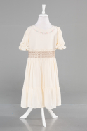 Ekru Kısa Kol Midi Kız Çocuk Elbisesi ABK1948