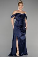 Long Navy Blue Satin Plus Size Evening Dress ABU3515
