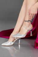 Gümüş Lazer Kesim Stiletto Abiye Ayakkabı MJ5150