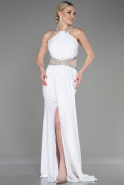 Ekru Halter Yaka Uzun Saten Balık Abiye ABU2940