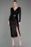 Siyah Uzun Kol Yırtmaçlı Midi Pullu Abiye Elbise ABK1808