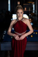 Bordo Halter Yaka Uzun Saten Balık Abiye ABU2940