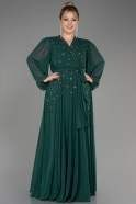 Zümrüt Yeşili Uzun Kol Taşlı Şifon Büyük Beden Abiye ABU3075