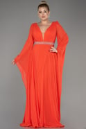 Orange Uzun Şal Kol V Yaka Şifon Abiye Elbise ABU3541