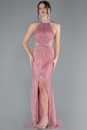 Pembe Halter Yaka Yırtmaçlı Uzun Simli Balık Abiye Elbise ABU4766