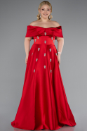 Kırmızı Kayık Yaka Taşlı Uzun Saten Büyük Beden Abiye ABU4998