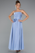 Buz Mavisi Straplez Midi Saten Davet Elbisesi ABK2363