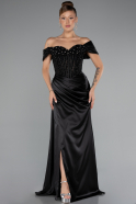 Siyah Kayık Yaka Taşlı Balen Korse Detay Uzun Saten Abiye ABU5130