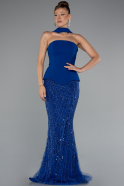 Saks Mavi Straplez Peplum Detay Taşlı Uzun Balık Abiye ABU5131