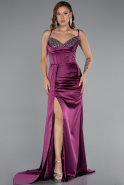 Mürdüm Göğsü Taşlı Yırtmaçlı Uzun Saten Abiye ABU5171