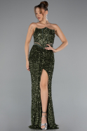 Haki Straplez Bacak Dekolteli Uzun Pul Payet Abiye ABU5185