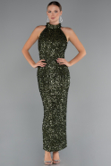 Haki Halter Yaka Midi Pul Payet Abiye Elbise ABK2474