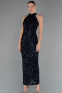 Lacivert Halter Yaka Midi Pul Payet Abiye Elbise ABK2474