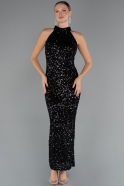Siyah Halter Yaka Midi Pul Payet Abiye Elbise ABK2474