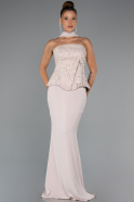 Bej Pullu Straplez Peplum Kesim Uzun Balık Abiye Elbise ABU5320
