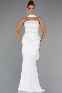 Ekru Pullu Straplez Peplum Kesim Uzun Balık Abiye Elbise ABU5320