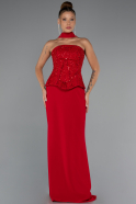 Kırmızı Pullu Straplez Peplum Kesim Uzun Abiye Elbise ABU5320