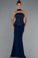 Lacivert Pullu Straplez Peplum Kesim Uzun Abiye Elbise ABU5320
