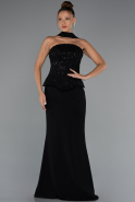 Siyah Pullu Straplez Peplum Kesim Uzun Abiye Elbise ABU5320