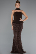 Kahve Straplez Peplum Detay Taşlı Uzun Balık Abiye ABU5131
