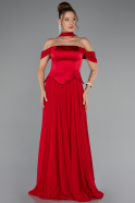 Kırmızı Kayık Yaka Saten Peplum Kesim Uzun Şifon Abiye ABU5327