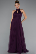 Mor Halter Yaka Uzun Abiye Elbise ABU3252