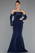 Lacivert Straplez Peplum Kesim Eldivenli Uzun Abiye ABU5421