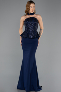 Lacivert Taşlı Straplez Peplum Kesim Uzun Balık Abiye ABU5457
