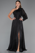 Siyah Tek Kol Bacak Dekolteli Uzun Şifon Abiye ABU5489