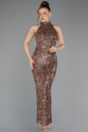 Bakır Halter Yaka Midi Pul Payet Abiye Elbise ABK2474