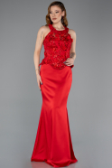 Kırmızı Halter Yaka Taşlı Peplum Kesim Uzun Saten Abiye ABU5601