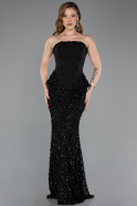 Siyah Straplez Peplum Detay Uzun Pullu Dantel Balık Abiye ABU5612