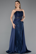 Lacivert Straplez Peplum Kuyruklu Uzun Dantel Abiye ABU5615