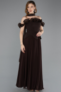 Kahve Fırfırlı Yaka Peplum Kesim Uzun Davet Elbisesi ABU6037