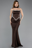 Kahve Taşlı Straplez Peplum Kesim Uzun Saten Balık Abiye ABU5644