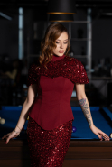 Bordo Straplez Üstü Portatif Peplum Uzun Pullu Abiye ABU5640