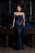 Lacivert Taşlı Straplez Peplum Kesim Uzun Saten Balık Abiye ABU5644