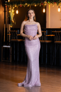 Lila Pullu Straplez Uzun File Abiye Elbise ABU5636