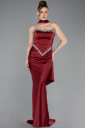 Bordo Taşlı Straplez Peplum Kesim Uzun Saten Balık Abiye ABU5644